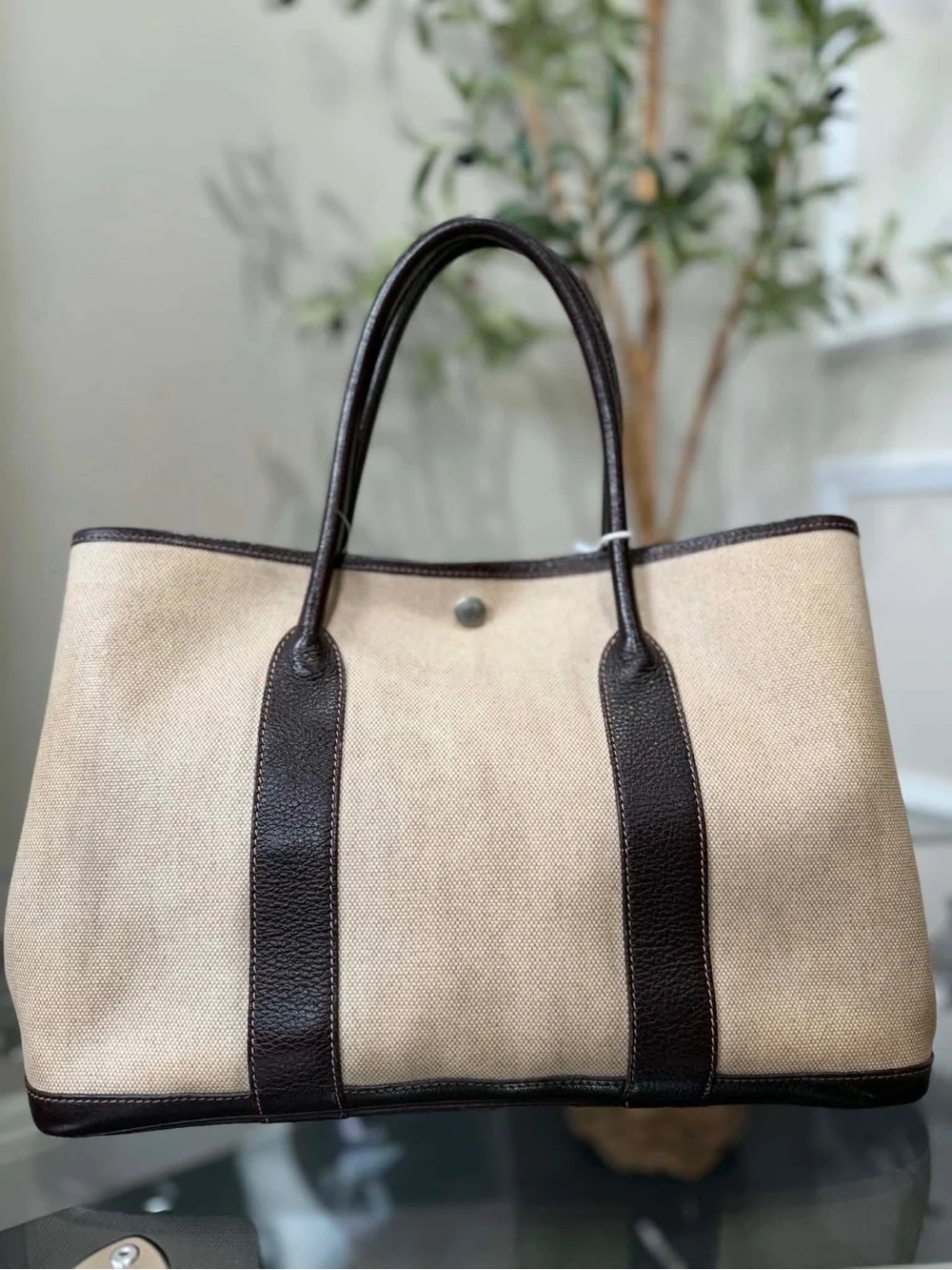 Hermes Beige Canvas Tote with Dark Brown Leather Trim